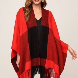 Red Black Color Block Large Scarf  Shawl Cashmere-Feel Very Soft Holiday Wrap